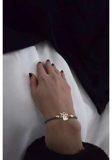 Archin J Harfine Özel Mevlana Figürlü Kahverengi Örgülü 14 Ayar Altın Plakalı Hediye Bileklik-335harf Altın