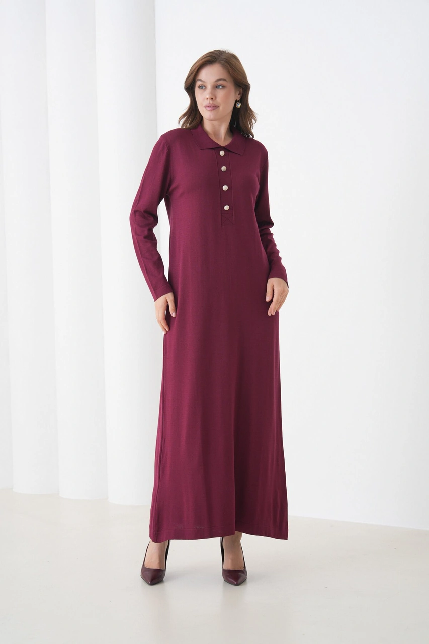 Kadın Uzun Kol Gömlek Yaka Triko Önden Düğmeli Triko Spor Şık Elbise Bordo