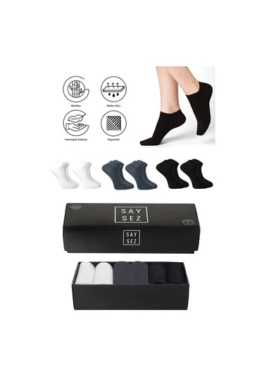 Bambu Erkek Patik Düz Siyah-beyaz-füme Renkli Çorap Dikişsiz Premium Kutulu 6'lı Çok Renkli