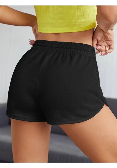 Siyah Yırtmaçlı Bermuda Penye Şort - Penye Baskılı Kordonlu Siyah