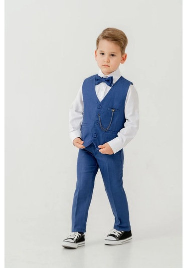 Erkek Çocuk Yelekli Slim Fit Takım Elbise 4 Parça Yelek, Pantolon, Gömlek, Papyon Te.7026 Saks Mavi