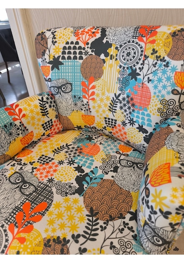 Roma Modern Tekli Koltuk Berjer - Dijital Baskılı Kumaş - Ahşap Ayak - Baykuş Desen Baykuş