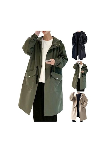 Erkekler Trençkot Kapşonlu Gevşek Orta Uzunlukta Büyük Cepler Uzun Kollu Rüzgar Geçirmez Düz Renk Fermuar Kapatma Kırışıklık Karşıtı Elastik Manşet Street... Siyah