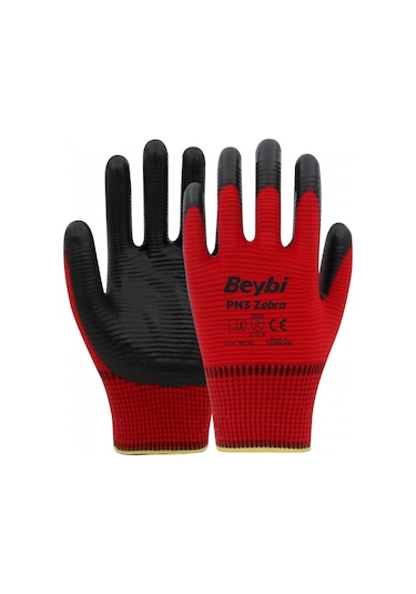 Beybi PN3 Zebra Polyester Örme Nitril İş Eldiveni 12 Çift – Kırmızı - Siyah