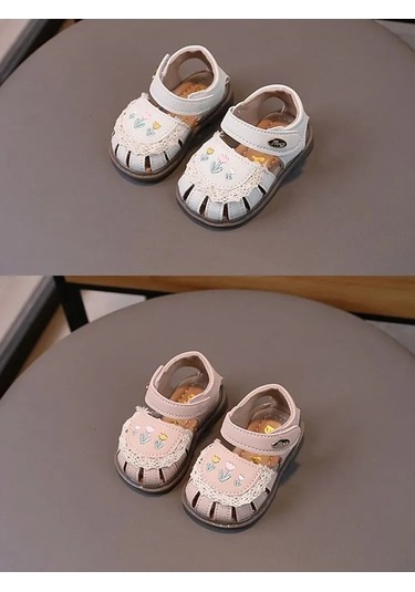 Maoyaya Pu Deri Yumuşak Taban Lale İşlemeli Bebek Yürüme Sandaleti - Bej Renk, 16-20 Beden Bej Bej