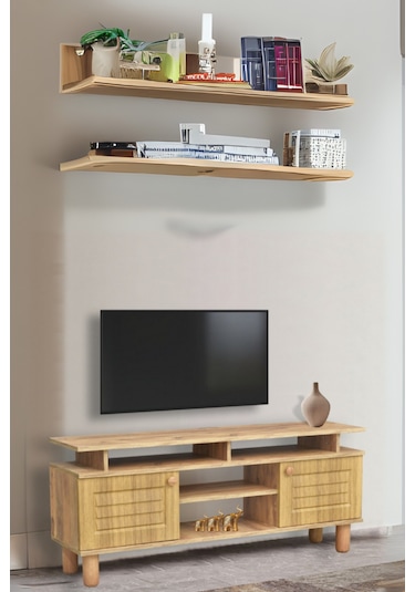 Helena Tv Sehpası Atlantik Çam Renkli Açık Raflı 2 Kapaklı Model 140x36x60 Cm
