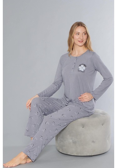 Uzun Kol Pijama Takımı Mevsimlik Viskon Alperi 790-64 Gri
