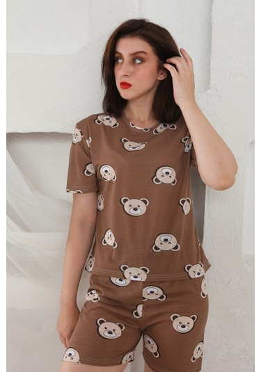 Fames Pijama Yazlık Desenli Loose Crop Şortlu Pijama Takım Kahverengi