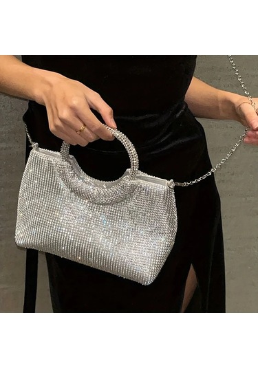 Willowhaven Silvery Renkli Kristal Detaylı Akrilik Kova Çanta Çıkarılabilir Zincir Kayış Gümüşi