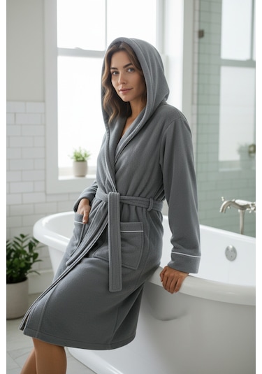 % 100 Pamuklu Laodikeia Kapşonlu Unisex Kadın Erkek Bornoz Gri