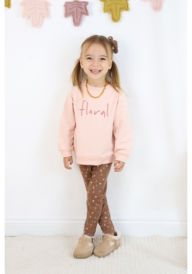 Kız Çocuk Floral Nakışlı İki İplik Kumaş Taytlı Takım Toka Dahildir. Açık Pembe