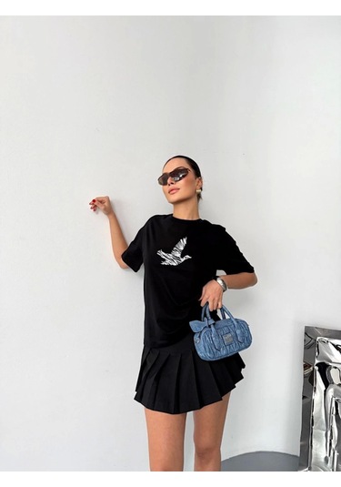 Kısa Kol Baskılı T-shirt - Siyah Siyah