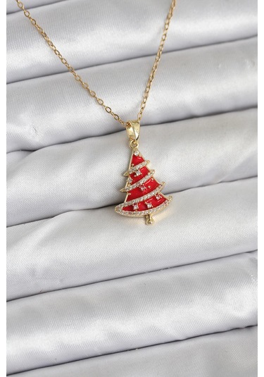 316l Çelik Zincir Gold Renk Kırmızı Çam Ağacı Model Yılbaşı Temalı Kadın Kolye - Tj-bko10714 Gümüş