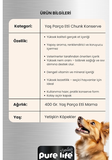 Pure Life Plus 24'lü Sığır Yetişkin Konserve Chunk Parça Etli Yaş Mama 400 G