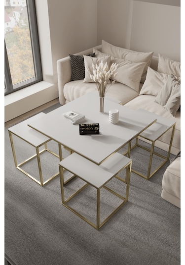 4+1 Gold Ayak Beyaz Parlak 10mm Glossmax Mdf Membran Orta Sehpa