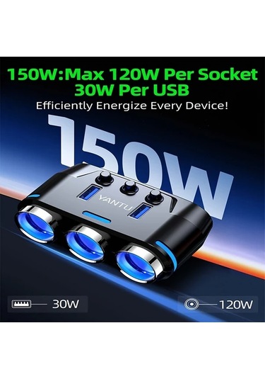 Fochsia Kablolu Siyah Akıllı 3'lü Oto Çakmaklı Usb Şarj Aleti Led Voltaj Göstergeli Araç Şarj Adaptörü