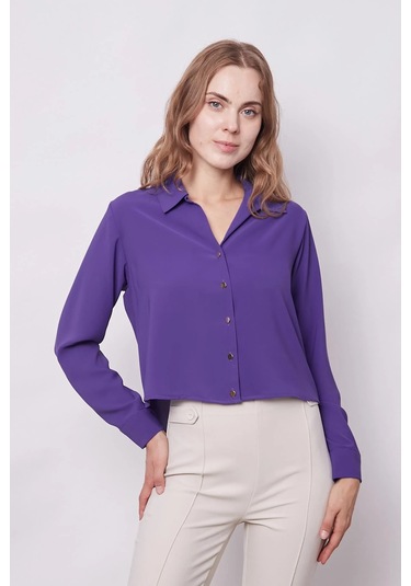 Kadın Likrasız Şık Kumaş Yakalı Uzun Kol Kısa Gömlek-eflatun Eflatun