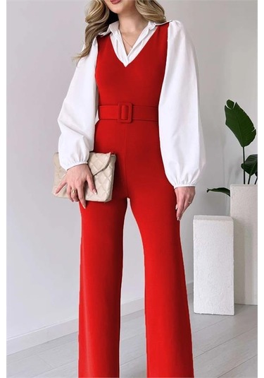 Kadın Kemerli Kol Ve Yaka Detaylı Tulum Dpnbk2063 Kırmızı