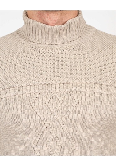 Erkek Tam Boğazlı Örgü Desenli Slim Fit Kazak Ncs Jeans 3659-Bej