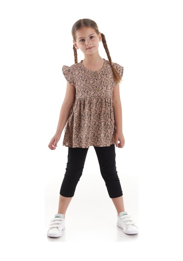 Ahengim Kız Çocuk Takım Vizkon Baskılı Taytlı Alt Üst Takım Pamuklu Ak2522 Bej