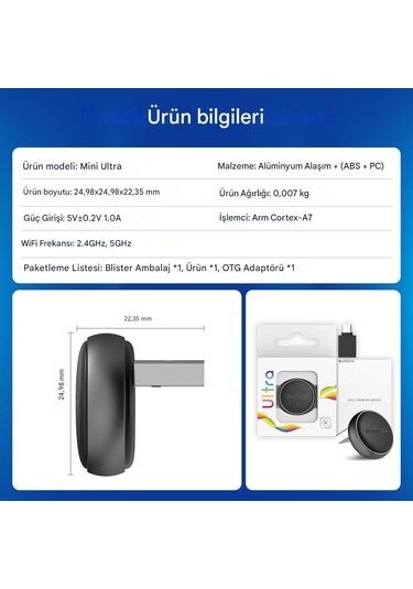 Mini 5.0 Ultra3 Kablosuz Carplay & Android Auto Adaptörü Dual Wifi Bt5.4 Otomatik Bağlantı Yeni Seri Diğer