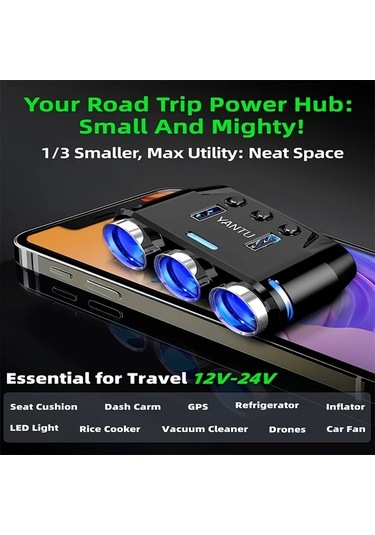 Fochsia Kablolu Siyah Akıllı 3'lü Oto Çakmaklı Usb Şarj Aleti Led Voltaj Göstergeli Araç Şarj Adaptörü