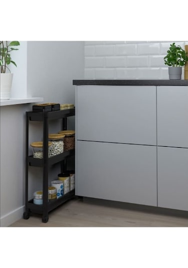 Tekerlekli Dikdörtgen 3 Katlı Raf Ünitesi Banyo Mutfak Düzenleme (495036410) Siyah