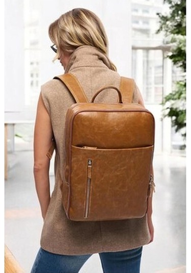 Organizer Premium Deri 16" Inç Crazy Taba Sırt Laptop Çantası Siyah