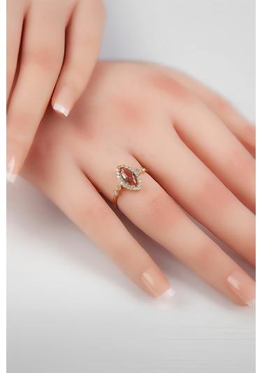 Mekik Zultanit Taşlı Zirkon Süslemeli 925 Ayar Gümüş Altın Renk Bayan Yüzük -7973