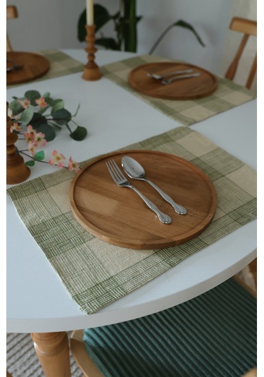 Yakacihome Juta Yeşil 5 Parça 4 Parça Amerikan Servis & 1 Parça Püsküllü Runner Jüt Kumaş Sofra Seti Yeşil