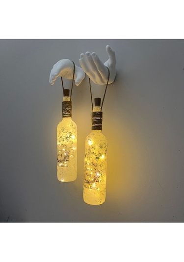 El Yapımı Heykel El Dekorlu Led Işıklı Buzlu Cam Şarap Şişesi Apl Çok Renkli