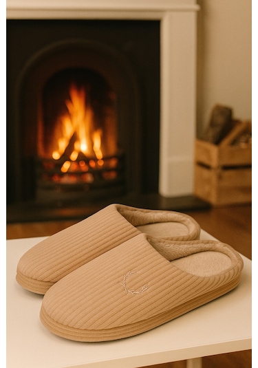 Velvet Erkek Ev Terliği Ses Yapmayan Taban Yünlü Terlik Bej