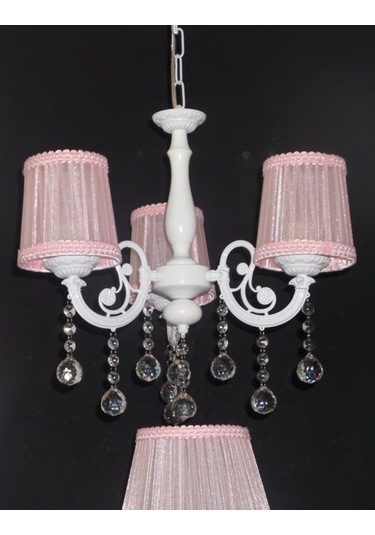 Pembe Çocuk Odası Taşlı 3 Kollu Avize Abajur Seti