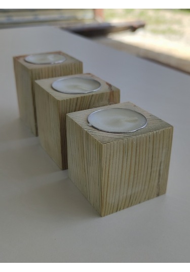 Doğal Ahşap Küp Mumluk 5 X 5 Cm 3 Lü Set Mum Dahil