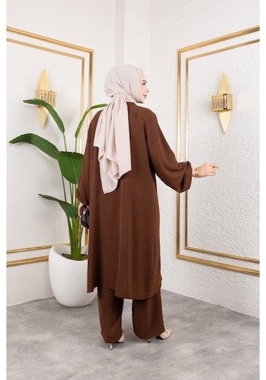 Ayrobin Kumaş İnci Detaylı Takım / T105 - Kahverengi Kahverengi