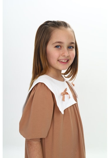 Toontoy Kız Çocuk Yaka Detaylı Elbise Kahverengi