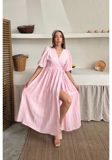 Hazego Pembe Müslin Uzun Elbise Pembe