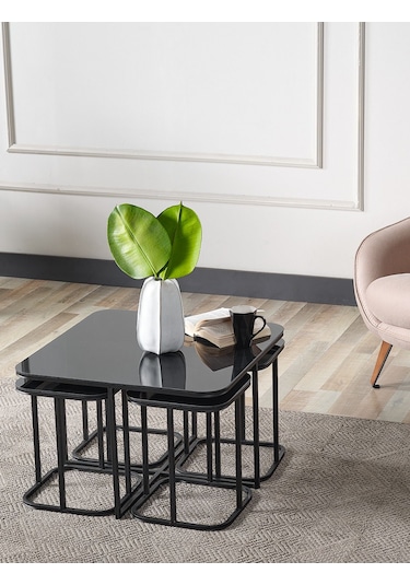 4+1 Siyah Kaplama Siyah Ayna Radüslü Orta Sehpa