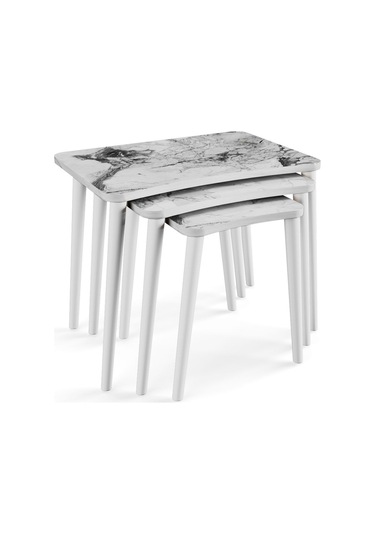Zuesse Dizayn Beyza 3lü Zigon Sehpa & Yan Sehpa Beyaz Ahşap Ayaklı Salon Seti Çay Sehpası - Beyaz Mermer