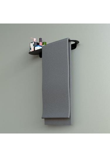 Modern Banyo Rafı Ve Havlu Askısı, Metal Duvar Montajlı, Dekoratif Duş Rafı Siyah, 44x9 Cm Siyah