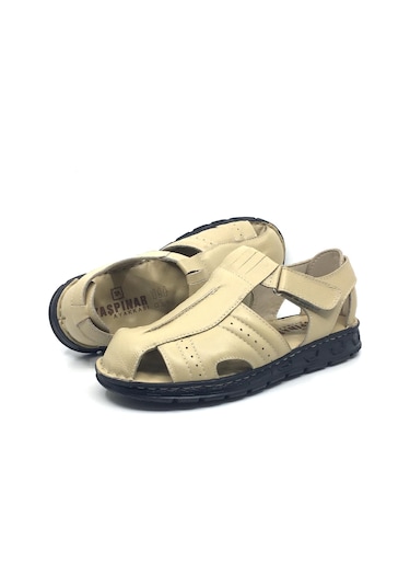 Taşpınar %100 Hakiki Deri Ortopedik Erkek Yazlık Rahat Terlik Sandalet 40-45 Bej