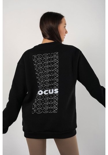 Modagen Kadın Siyah Focus Sırt Baskılı Bisiklet Yaka Oversize Sweatshirt Siyah
