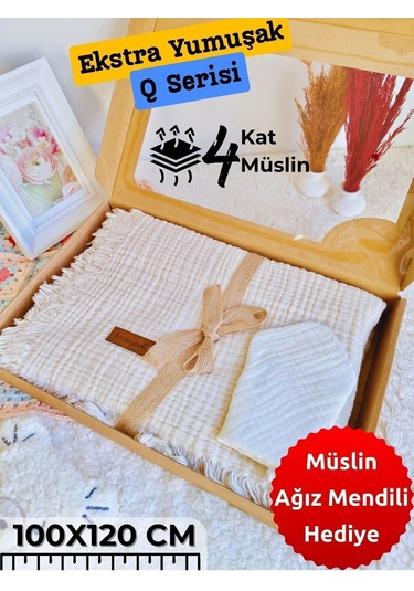 4 Kat Müslin Mint Yeşil Saçaklı Bebek Battaniyesi 100x120 Cm- %100 Pamuklu & Çok Amaçlı Battaniye Ekru