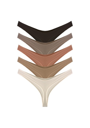 Kadın Pamuklu Ve Likrali Fitilli Kaşkorse Tanga Külot 5'li Paket-2 Renkli-2 Çok Renkli