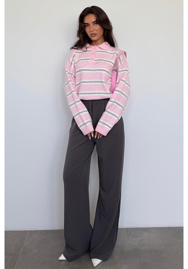 Pembe Polo Yaka Çizgili Kadın Triko Kazak Mg2469 Pembe