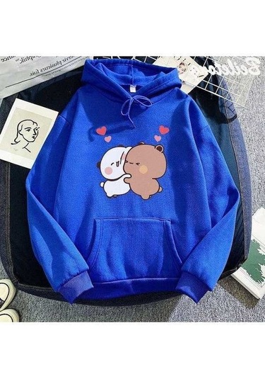 Novahub Kawaii Panda Hoodie, Kadın Uzun Kollu, Açık Mavi, Bubu Dudu Desen, Büyük Boy Kazak, İlkbahar/sonbahar Giyim Koyu Mavi