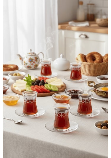 Coronam Model Desenli Şeffaf Cam Çay Seti 12 Parça Çay Takımı Şeffaf