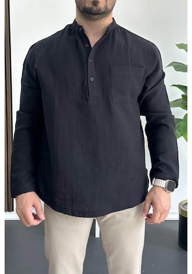 Erkek Hakim Yaka Yarım Patlı Cepli Gömlek Siyah Edw361 Siyah