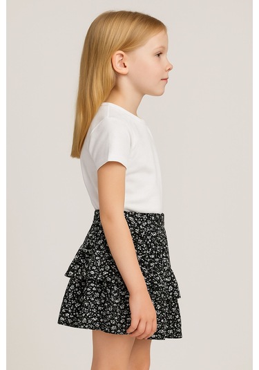 Kız Çocuk Siyah Çiçek Desenli Kat Kat Fırfırlı Mini Etek, Kız Çocuk Etek Siyah