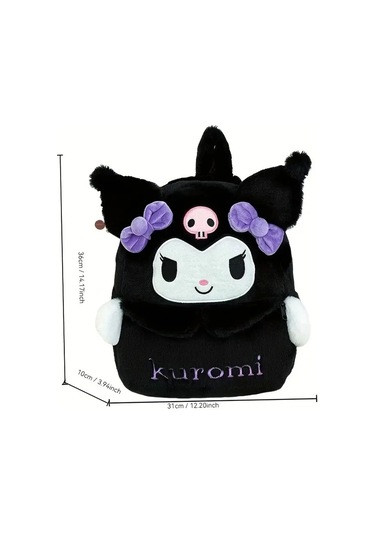 Kuromi Sırt Çantası Büyük Kapasiteli, Peluş Detaylı Sevimli Karikatür Tasarım, Günlük Kullanım & Hed Siyah